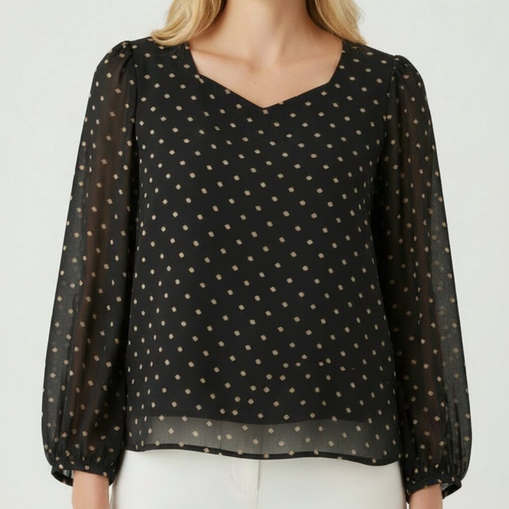 Ann Taylor Mixed Media Sweetheart Neckline Long Sleeve Blouse